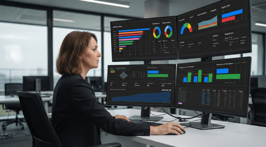 Mujer analizando los datos de la IA para asegurar estartegia seo a largo plazo