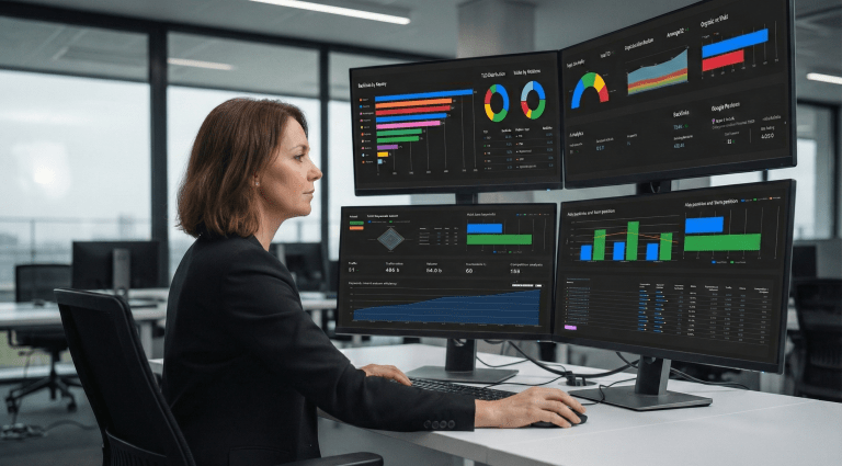 Mujer analizando los datos de la IA para asegurar estartegia seo a largo plazo