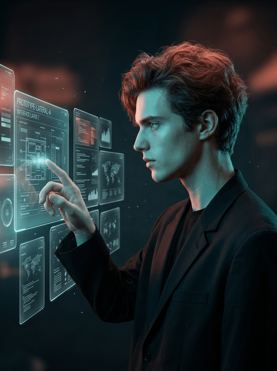Profesional interactuando con paneles digitales para configurar y supervisar un agente de IA empresarial.