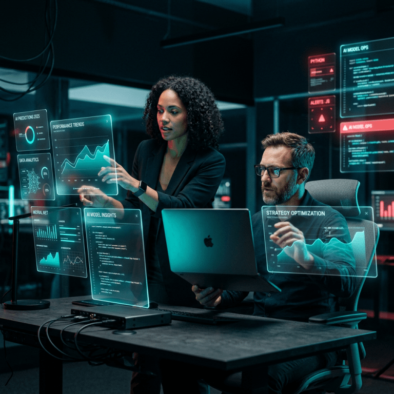Dos profesionales revisando datos y métricas empresariales en paneles digitales mediante un sistema ERP integrado.