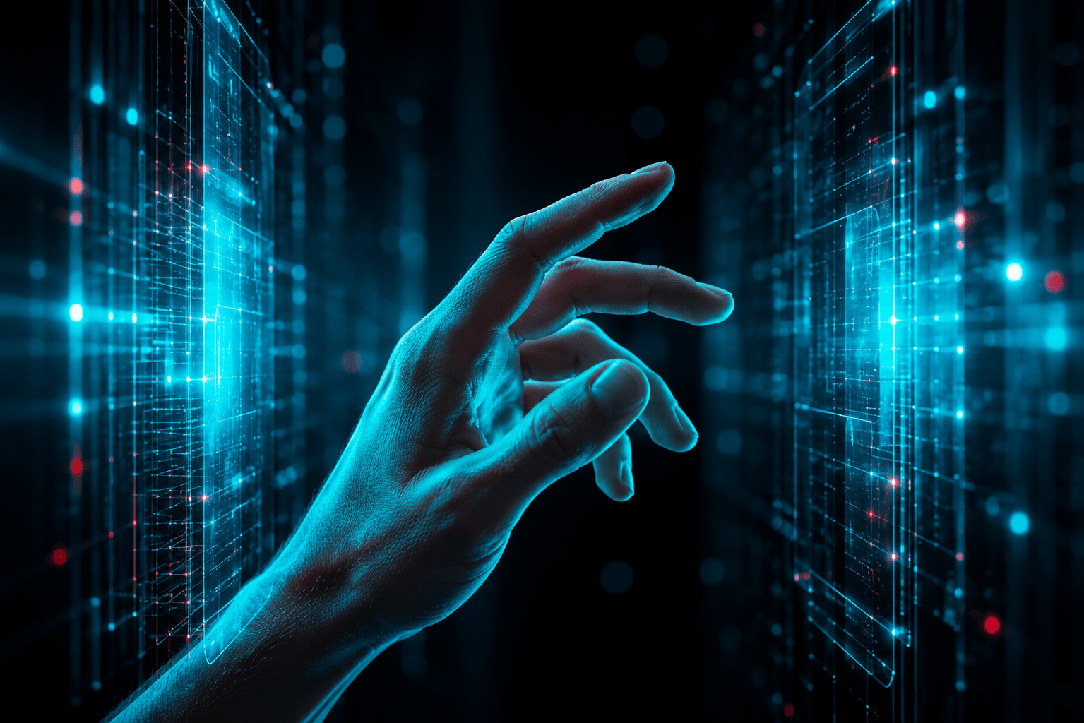 Mano activando una interfaz digital de datos que representa la conexión entre personas y sistemas mediante automatización con IA.