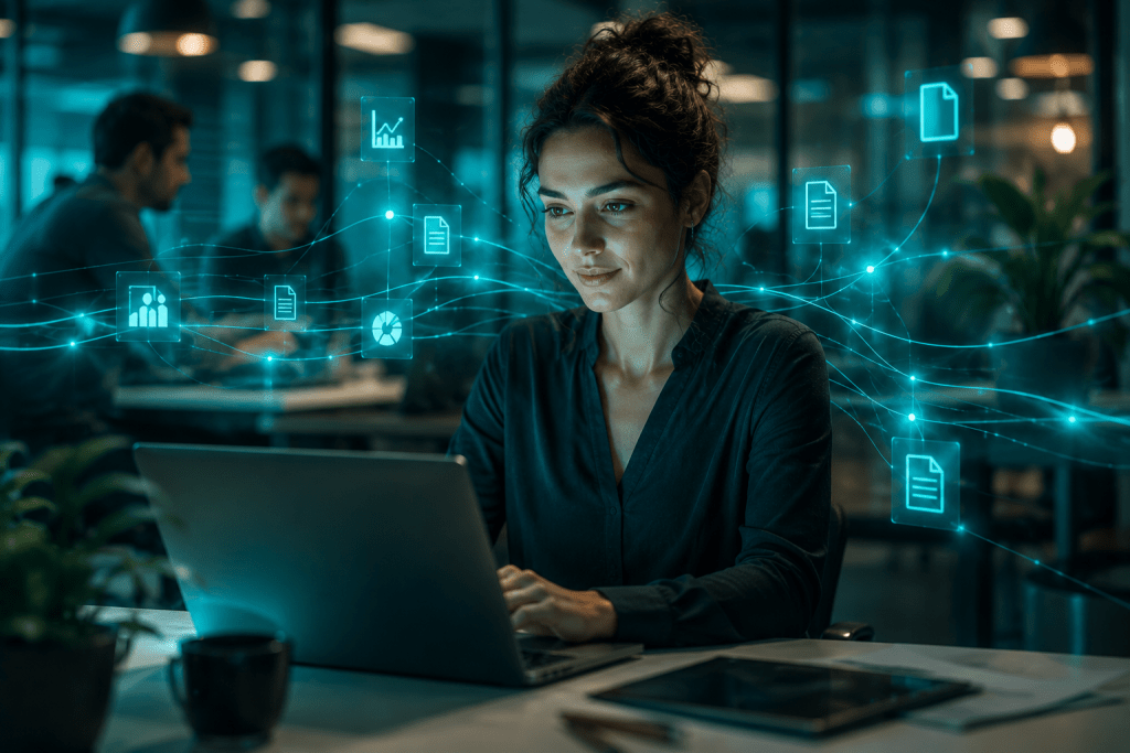 Profesional gestionando documentos y procesos empresariales mediante automatización con inteligencia artificial.