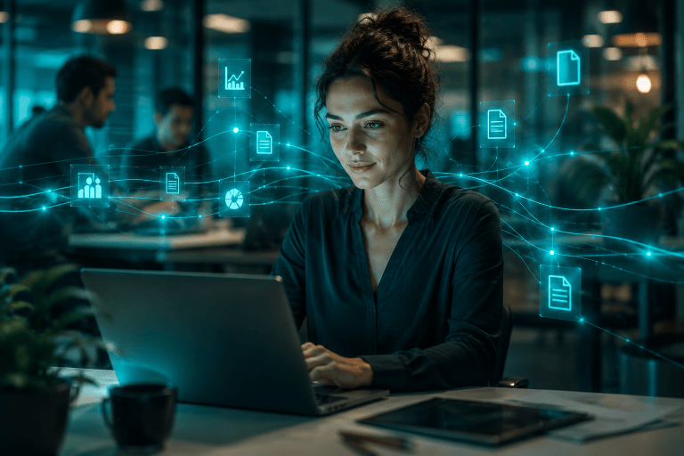 Profesional gestionando documentos y procesos empresariales mediante automatización con inteligencia artificial.